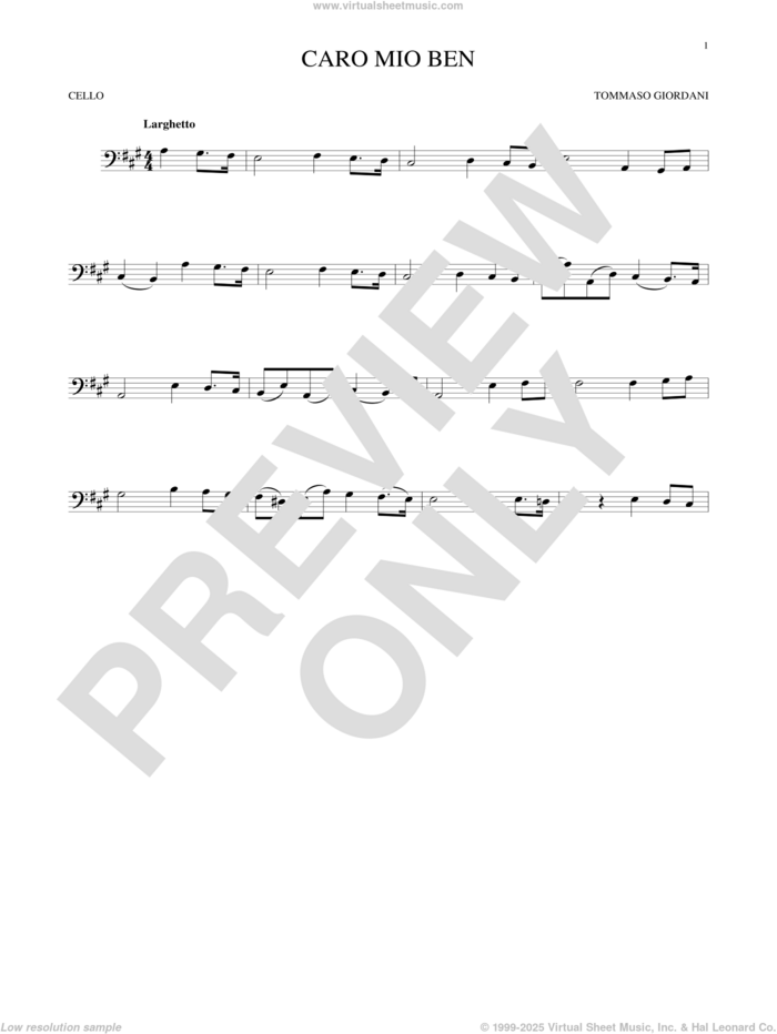 Caro Mio Ben sheet music for cello solo by Tommaso Giordani and Anonymous Italian poem, classical score, intermediate skill level