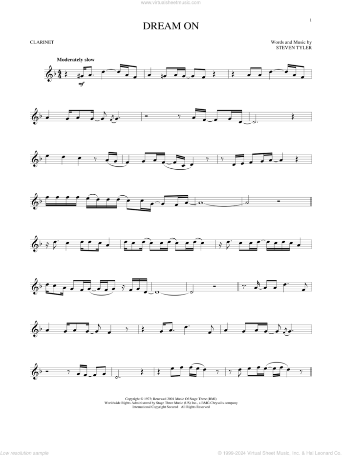 Dream On sheet music for clarinet solo by Aerosmith and Steven Tyler, intermediate skill level