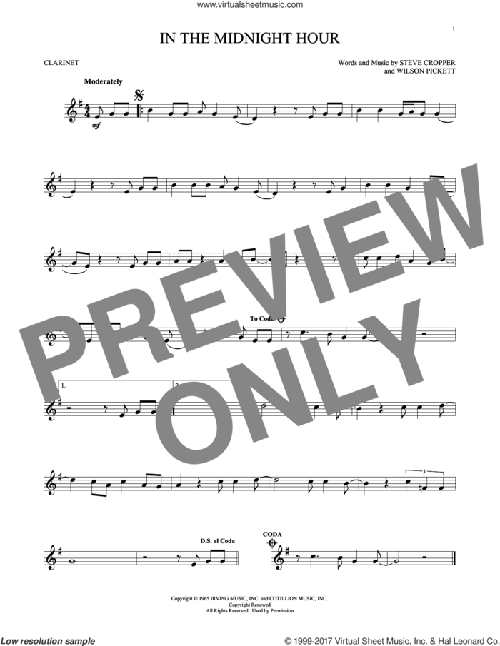 In The Midnight Hour sheet music for clarinet solo by Wilson Pickett and Steve Cropper, intermediate skill level