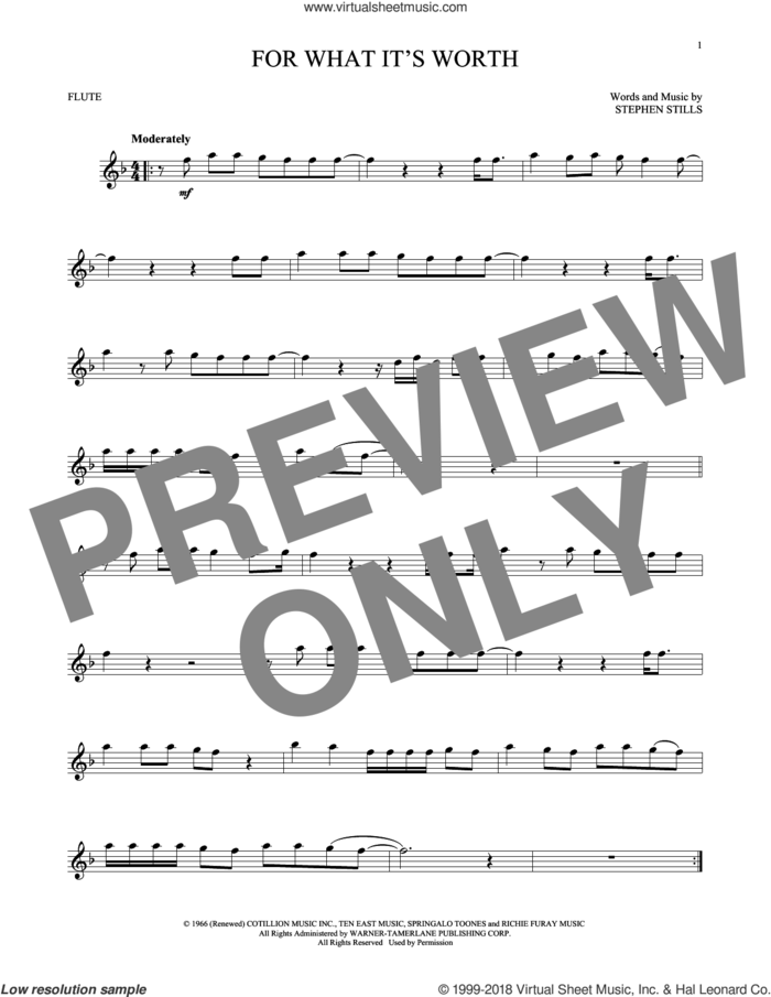 For What It's Worth sheet music for flute solo by Buffalo Springfield and Stephen Stills, intermediate skill level