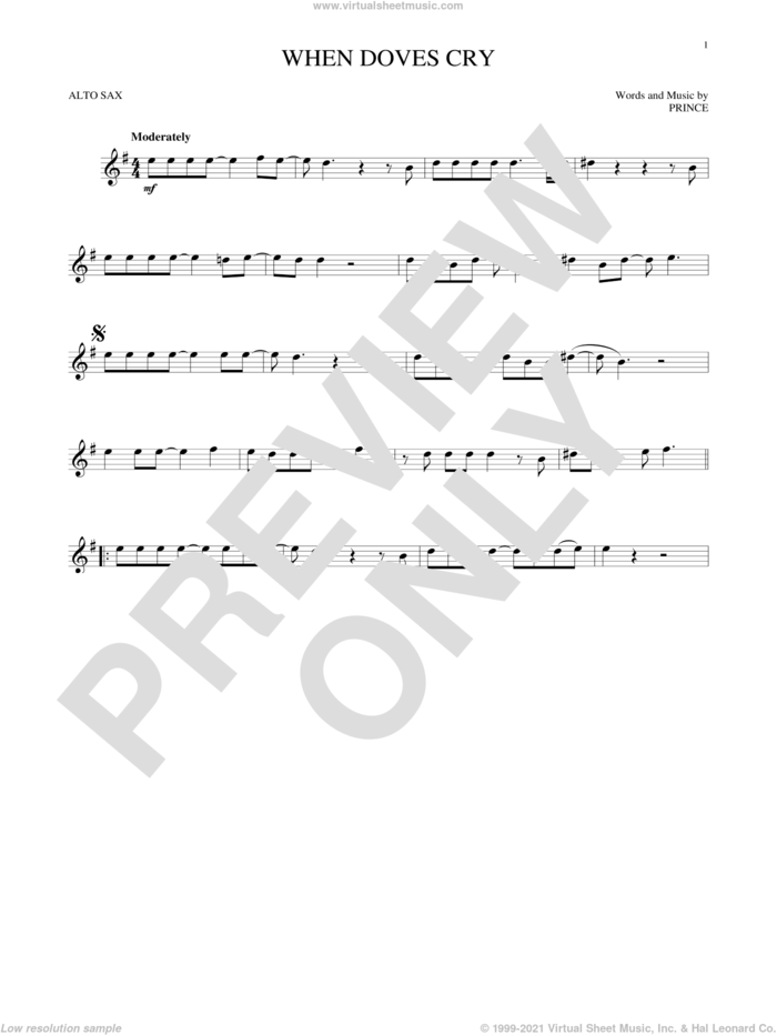 When Doves Cry sheet music for alto saxophone solo by Prince, intermediate skill level
