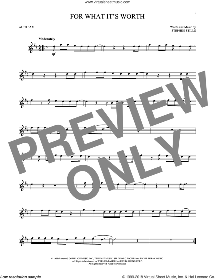 For What It's Worth sheet music for alto saxophone solo by Buffalo Springfield and Stephen Stills, intermediate skill level
