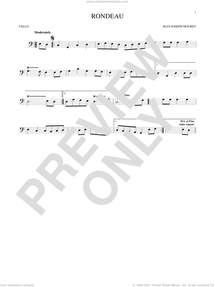 Fanfare Rondeau sheet music for cello solo by Jean-Joseph Mouret, classical score, intermediate skill level