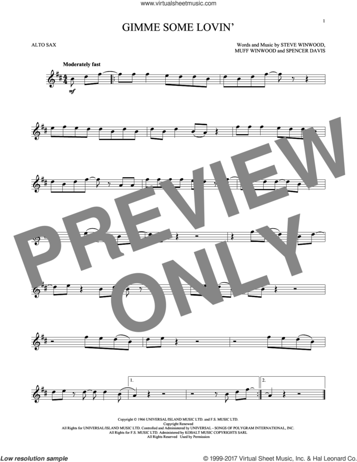 Gimme Some Lovin' sheet music for alto saxophone solo by The Spencer Davis Group, Muff Winwood, Spencer Davis and Steve Winwood, intermediate skill level
