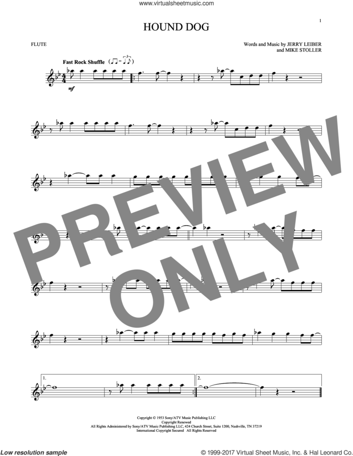 Hound Dog sheet music for flute solo by Elvis Presley, Jerry Leiber and Mike Stoller, intermediate skill level
