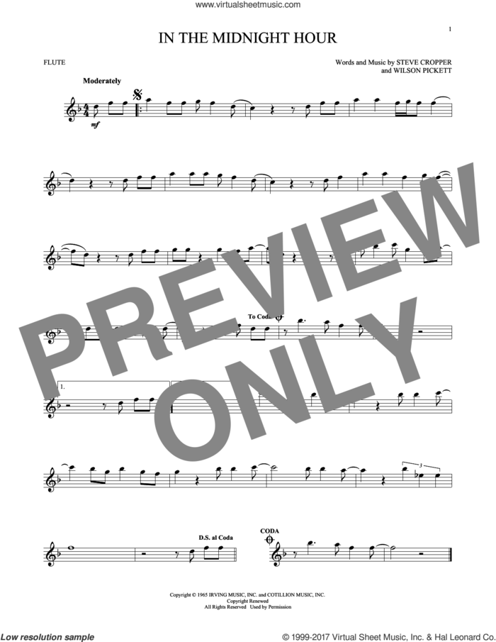 In The Midnight Hour sheet music for flute solo by Wilson Pickett and Steve Cropper, intermediate skill level