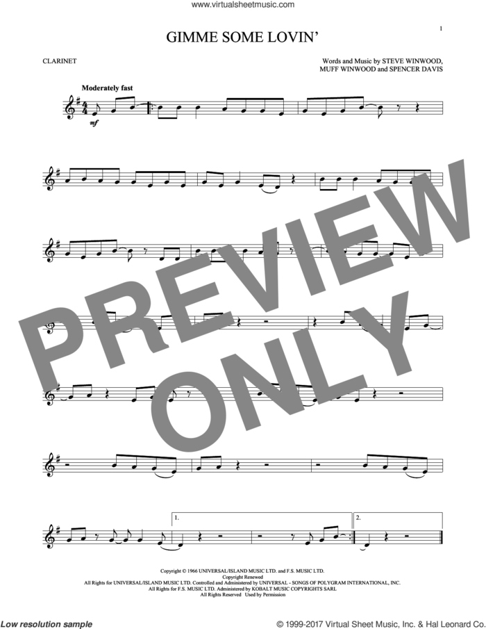 Gimme Some Lovin' sheet music for clarinet solo by The Spencer Davis Group, Muff Winwood, Spencer Davis and Steve Winwood, intermediate skill level