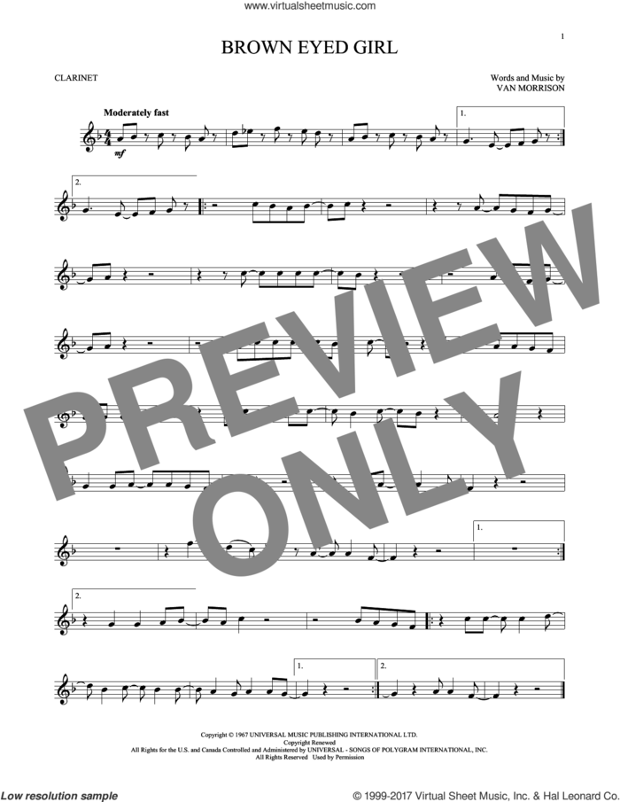 Brown Eyed Girl sheet music for clarinet solo by Van Morrison, intermediate skill level