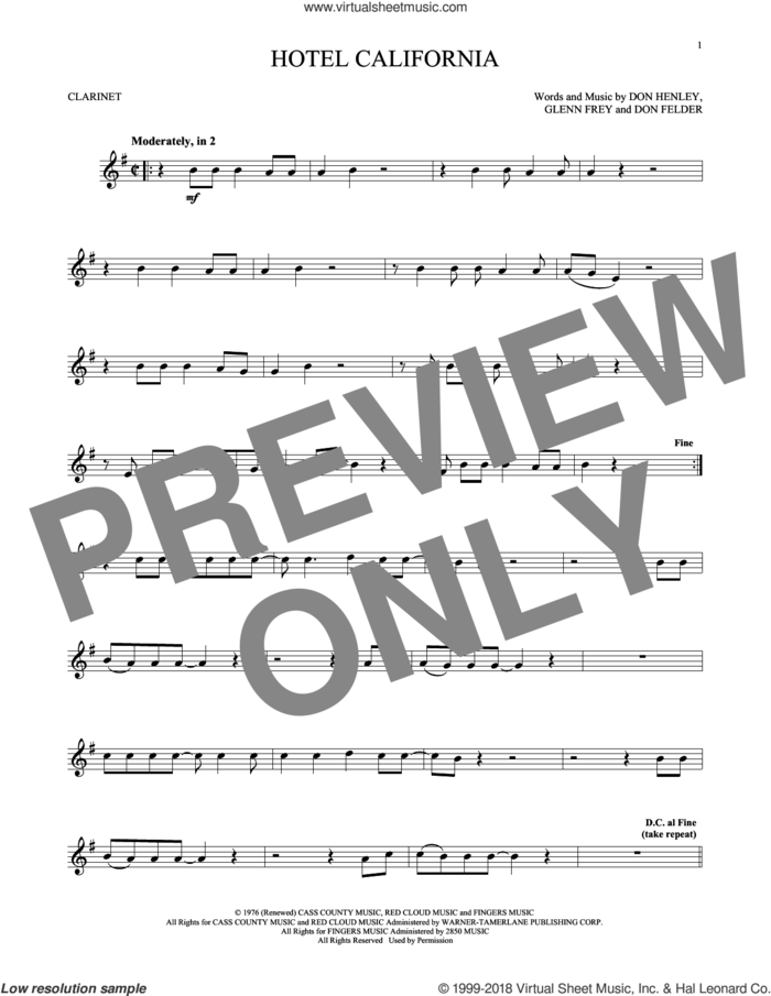 Hotel California sheet music for clarinet solo by Don Henley, The Eagles, Don Felder and Glenn Frey, intermediate skill level