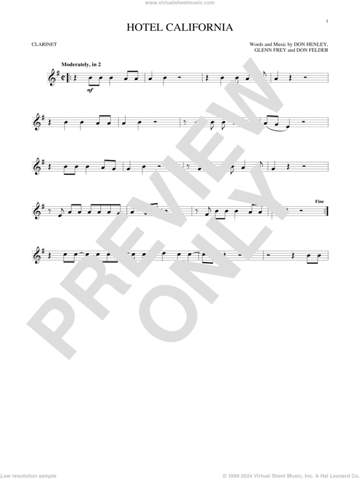 Hotel California sheet music for clarinet solo by Don Henley, The Eagles, Don Felder and Glenn Frey, intermediate skill level