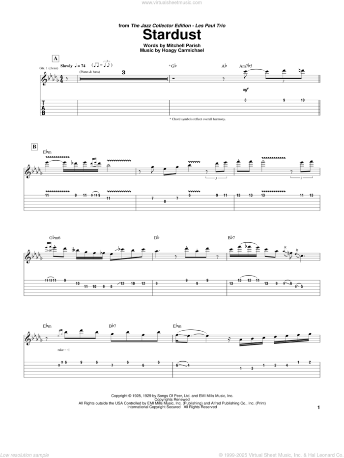 Stardust sheet music for guitar (tablature) by Les Paul, Hoagy Carmichael and Mitchell Parish, intermediate skill level