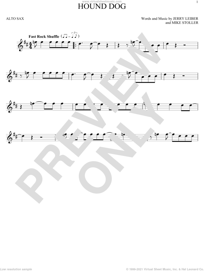Hound Dog sheet music for alto saxophone solo by Elvis Presley, Jerry Leiber and Mike Stoller, intermediate skill level
