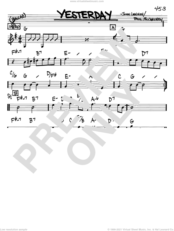 Yesterday sheet music for voice and other instruments (in Bb) by The Beatles, John Lennon and Paul McCartney, intermediate skill level