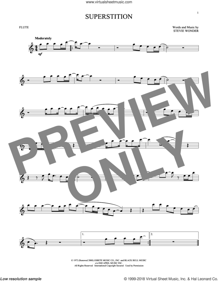 Superstition sheet music for flute solo by Stevie Wonder, intermediate skill level