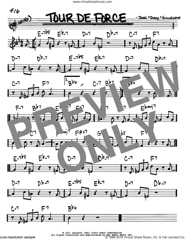 Tour De Force sheet music for voice and other instruments (in Bb) by Dizzy Gillespie, intermediate skill level