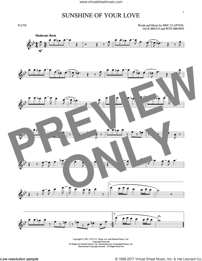 Sunshine Of Your Love sheet music for flute solo by Cream, Eric Clapton, Jack Bruce and Pete Brown, intermediate skill level