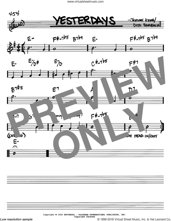 Yesterdays sheet music for voice and other instruments (in Bb) by Jerome Kern and Otto Harbach, intermediate skill level