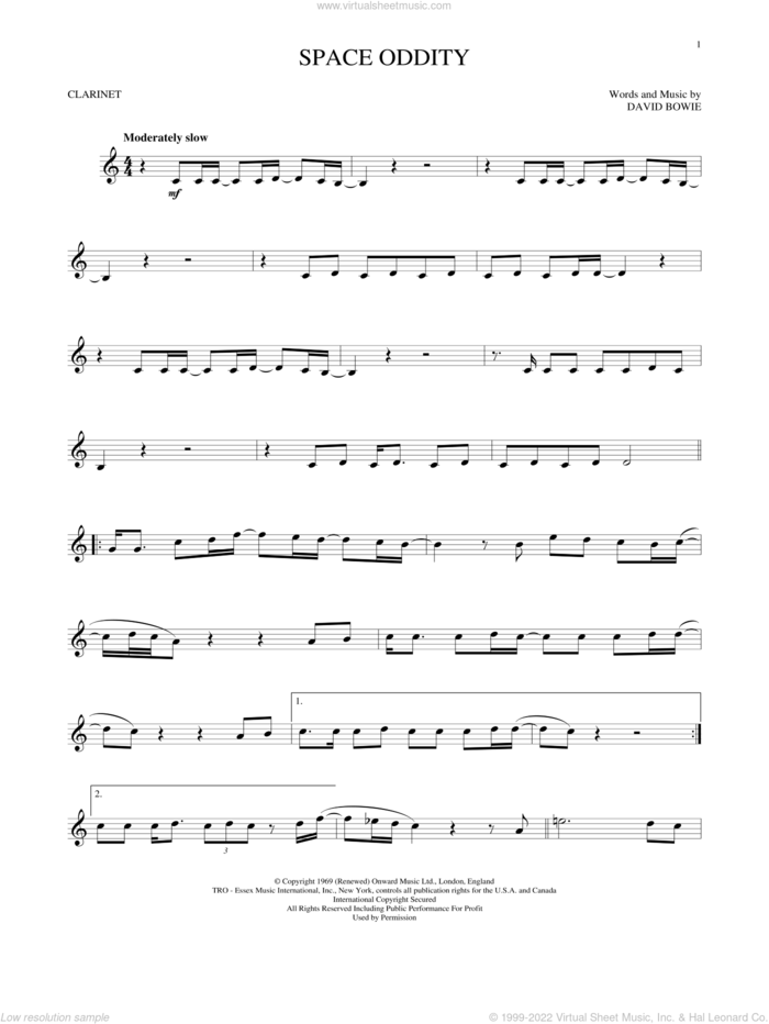 Space Oddity sheet music for clarinet solo by David Bowie, intermediate skill level