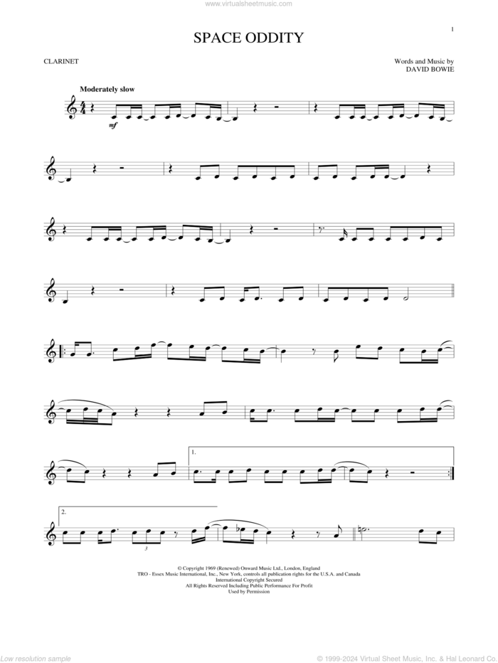 Space Oddity sheet music for clarinet solo by David Bowie, intermediate skill level