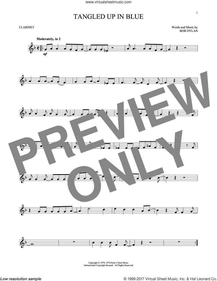 Tangled Up In Blue sheet music for clarinet solo by Bob Dylan, intermediate skill level