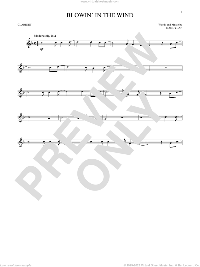 Blowin' In The Wind sheet music for clarinet solo by Bob Dylan, intermediate skill level