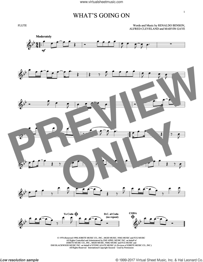 What's Going On sheet music for flute solo by Marvin Gaye, Al Cleveland and Renaldo Benson, intermediate skill level