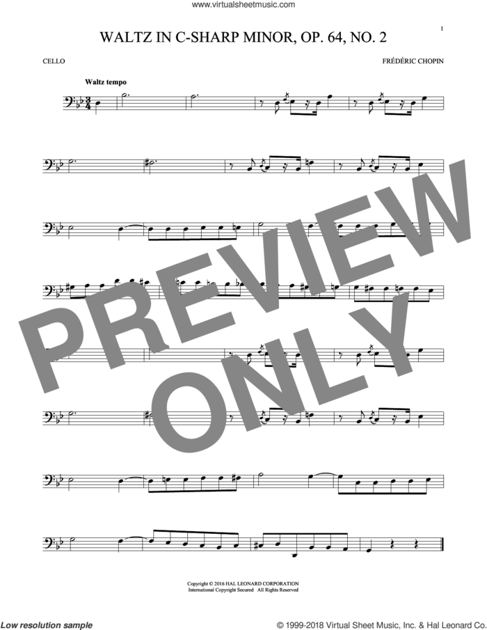 Waltz In C-Sharp Minor, Op. 64, No. 2 sheet music for cello solo by Frederic Chopin, classical score, intermediate skill level