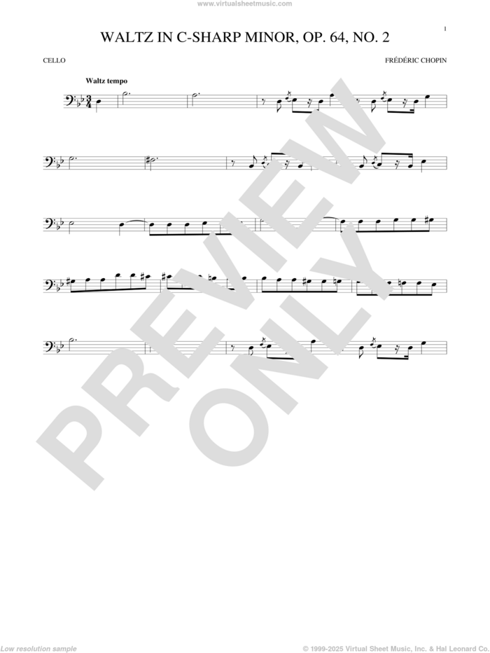 Waltz In C-Sharp Minor, Op. 64, No. 2 sheet music for cello solo by Frederic Chopin, classical score, intermediate skill level