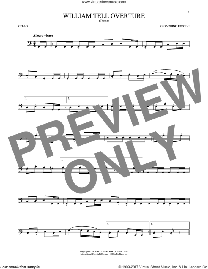 William Tell Overture sheet music for cello solo by Rossini, Gioacchino, classical score, intermediate skill level