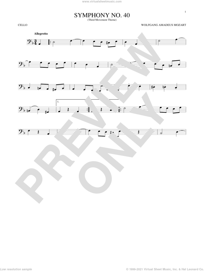 Symphony No. 40 In G Minor, Third Movement ('Minuet') sheet music for cello solo by Wolfgang Amadeus Mozart, classical score, intermediate skill level