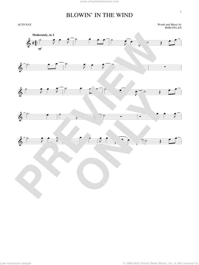 Blowin' In The Wind sheet music for alto saxophone solo by Bob Dylan, intermediate skill level