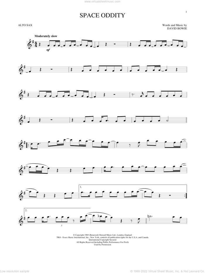 Space Oddity sheet music for alto saxophone solo by David Bowie, intermediate skill level