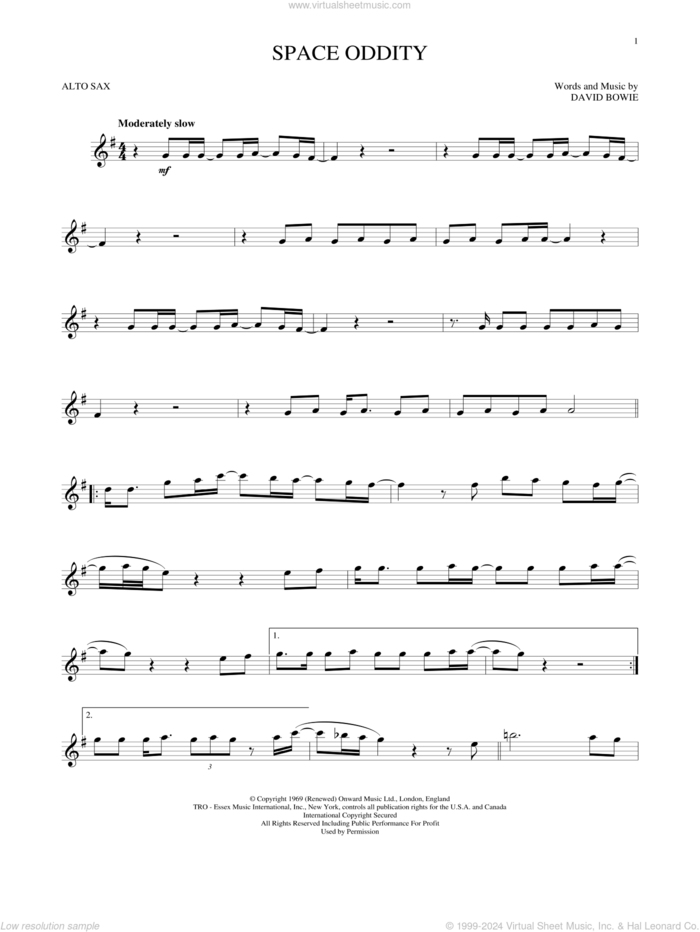 Space Oddity sheet music for alto saxophone solo by David Bowie, intermediate skill level