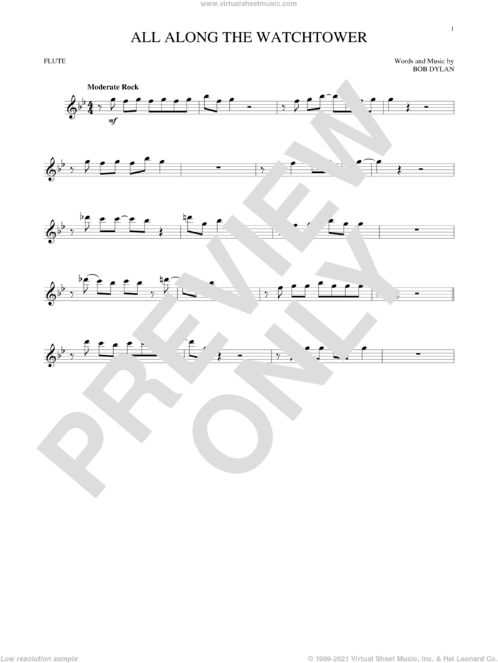 All Along The Watchtower sheet music for flute solo by Bob Dylan, intermediate skill level