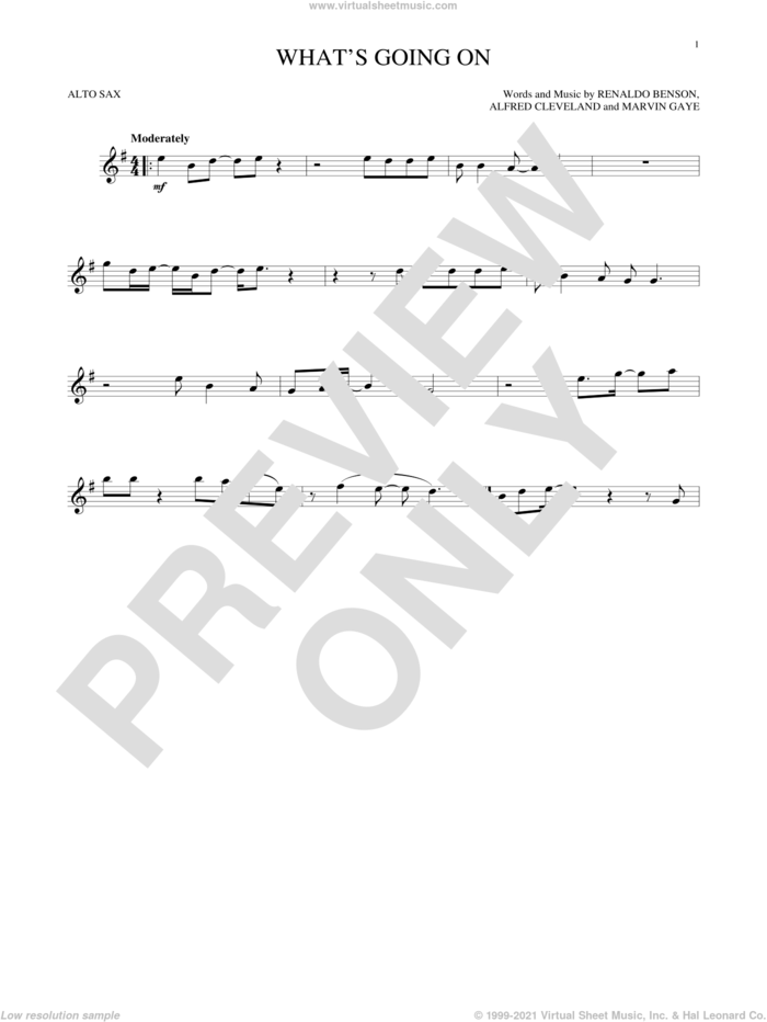 What's Going On sheet music for alto saxophone solo by Marvin Gaye, Al Cleveland and Renaldo Benson, intermediate skill level