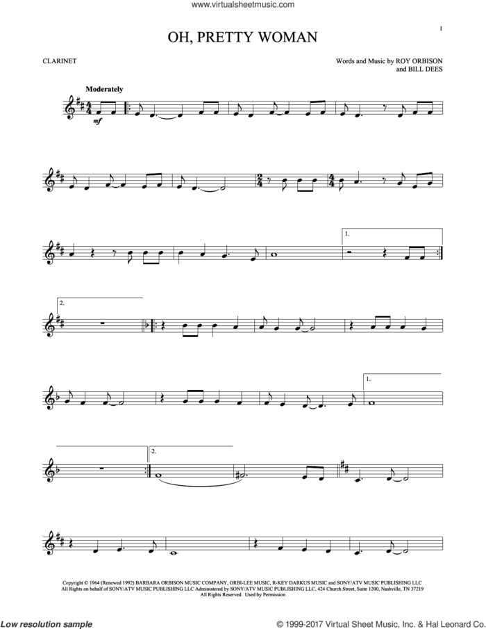 Oh, Pretty Woman sheet music for clarinet solo by Roy Orbison and Bill Dees, intermediate skill level