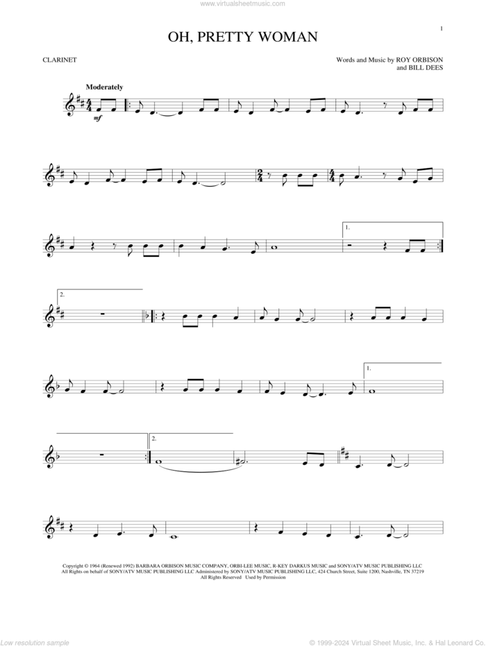 Oh, Pretty Woman sheet music for clarinet solo by Roy Orbison and Bill Dees, intermediate skill level