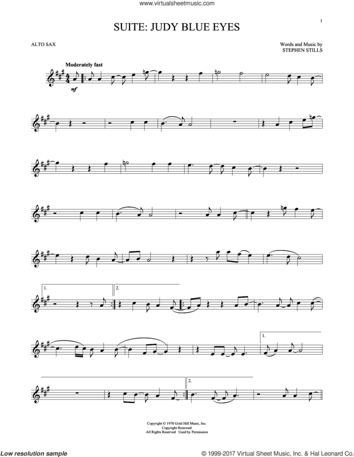Suite: Judy Blue Eyes sheet music for alto saxophone solo by Crosby, Stills & Nash and Stephen Stills, intermediate skill level