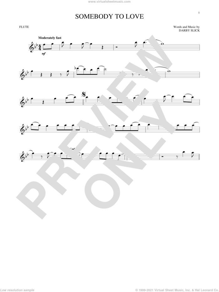 Somebody To Love sheet music for flute solo by Jefferson Airplane and Darby Slick, intermediate skill level