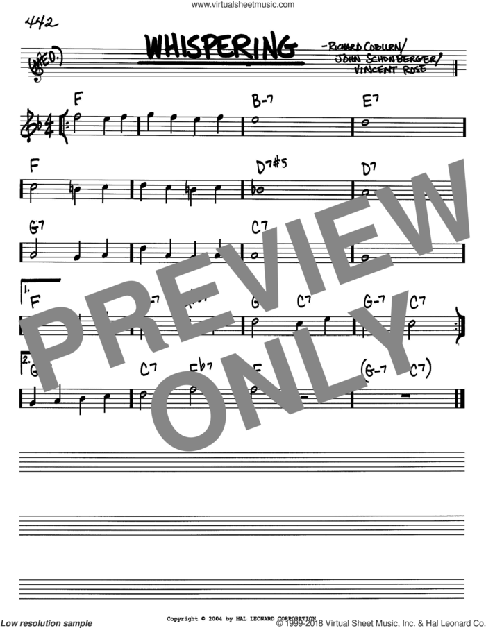 Whispering sheet music for voice and other instruments (in Bb) by Richard Coburn, John Schonberger and Vincent Rose, intermediate skill level