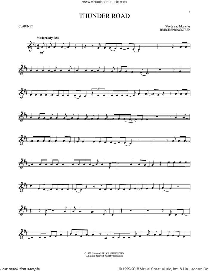 Thunder Road sheet music for clarinet solo by Bruce Springsteen, intermediate skill level