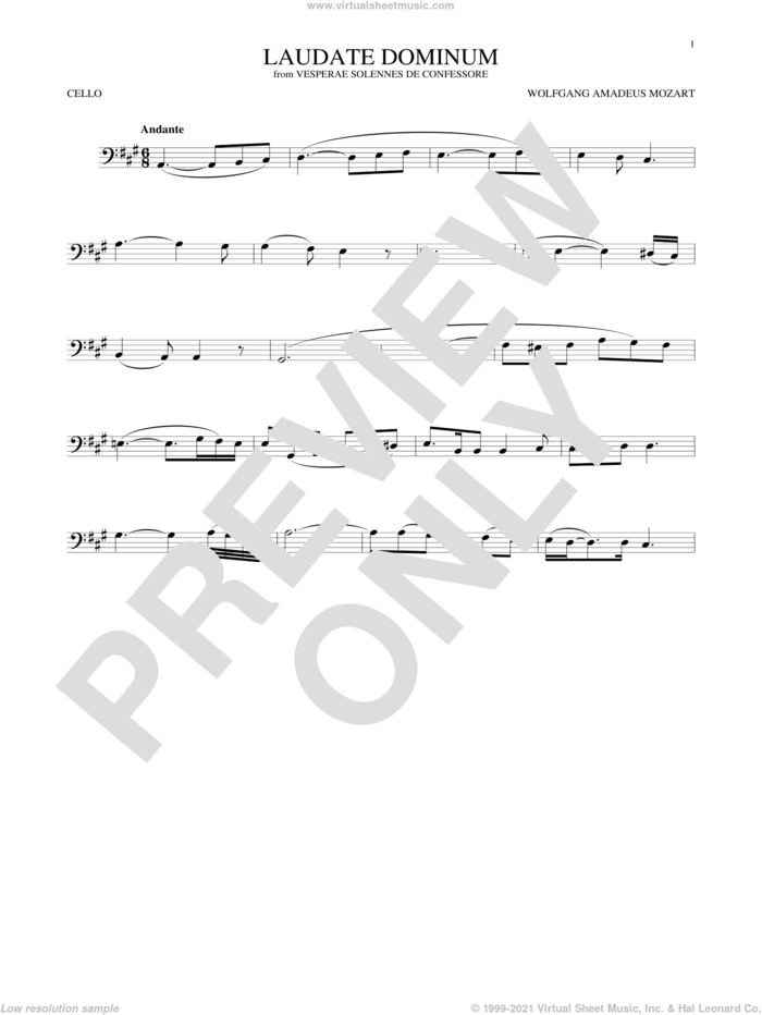 Laudate Dominum sheet music for cello solo by Wolfgang Amadeus Mozart, classical score, intermediate skill level
