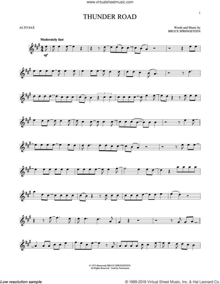 Thunder Road sheet music for alto saxophone solo by Bruce Springsteen, intermediate skill level