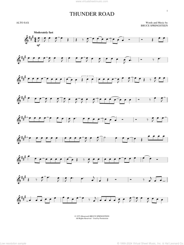 Thunder Road sheet music for alto saxophone solo by Bruce Springsteen, intermediate skill level