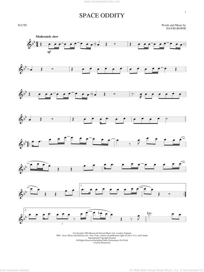 Space Oddity sheet music for flute solo by David Bowie, intermediate skill level