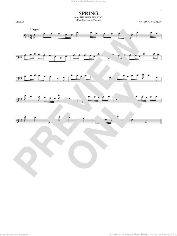 Allegro I, RV 269 ('Spring') (First Movement Theme) sheet music for cello solo by Antonio Vivaldi, classical score, intermediate skill level