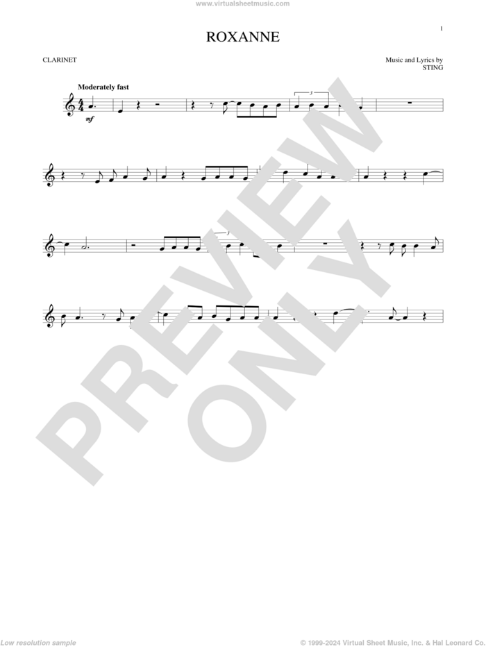 Roxanne sheet music for clarinet solo by The Police and Sting, intermediate skill level