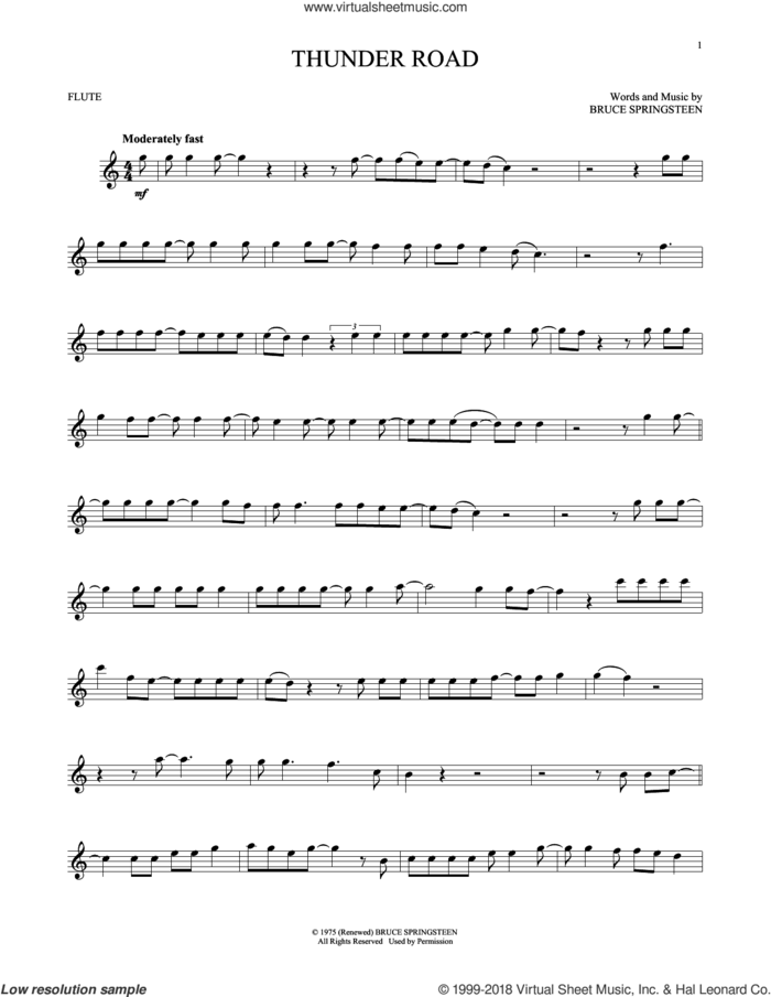 Thunder Road sheet music for flute solo by Bruce Springsteen, intermediate skill level