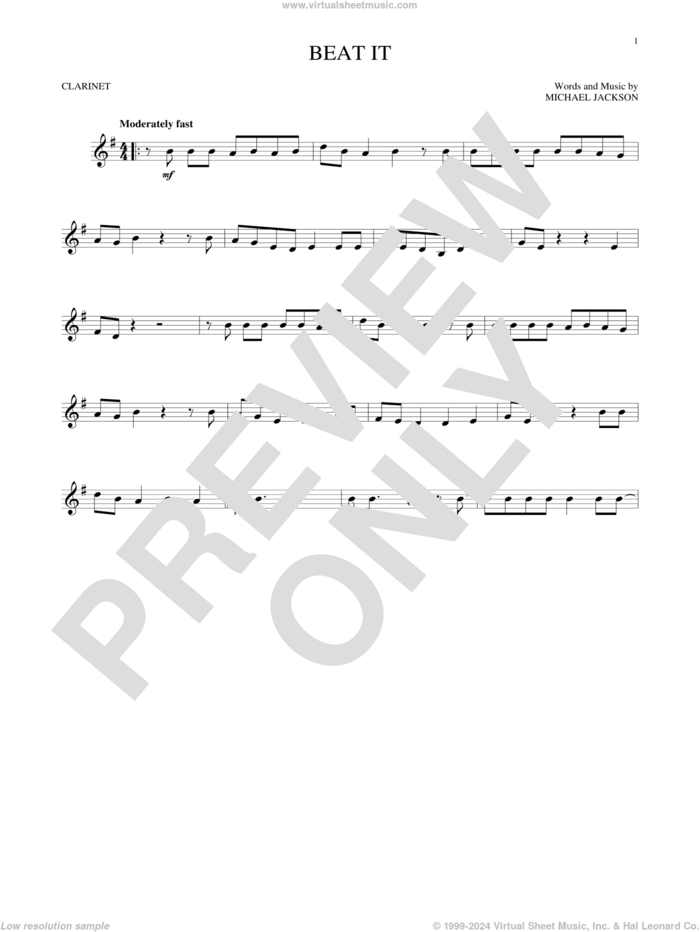 Beat It sheet music for clarinet solo by Michael Jackson, intermediate skill level