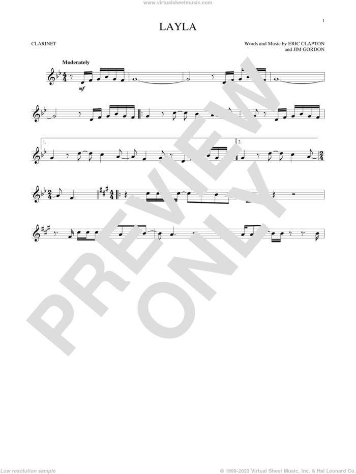 Layla sheet music for clarinet solo by Eric Clapton, Derek And The Dominos and Jim Gordon, intermediate skill level